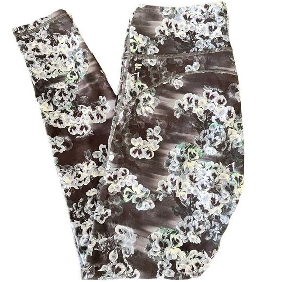 Fabletics Leggings Hydrangea Floral Print Sz S Gray Stripe Purple Green White - Picture 1 of 7